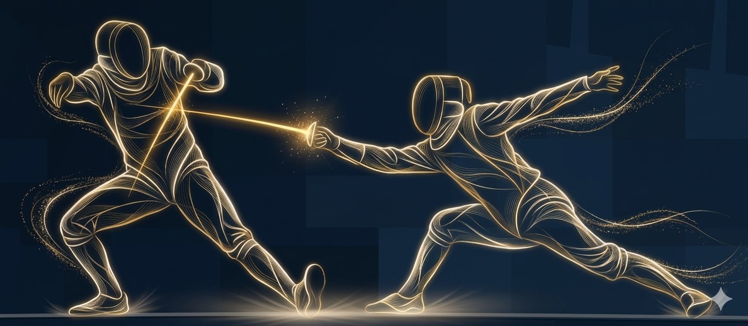 Two fencers in action – gold outline artwork