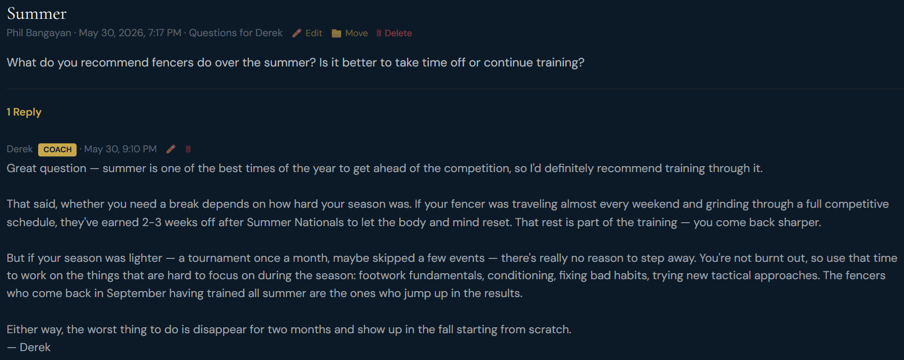 A member asks about summer training and Derek responds with personalized coaching advice